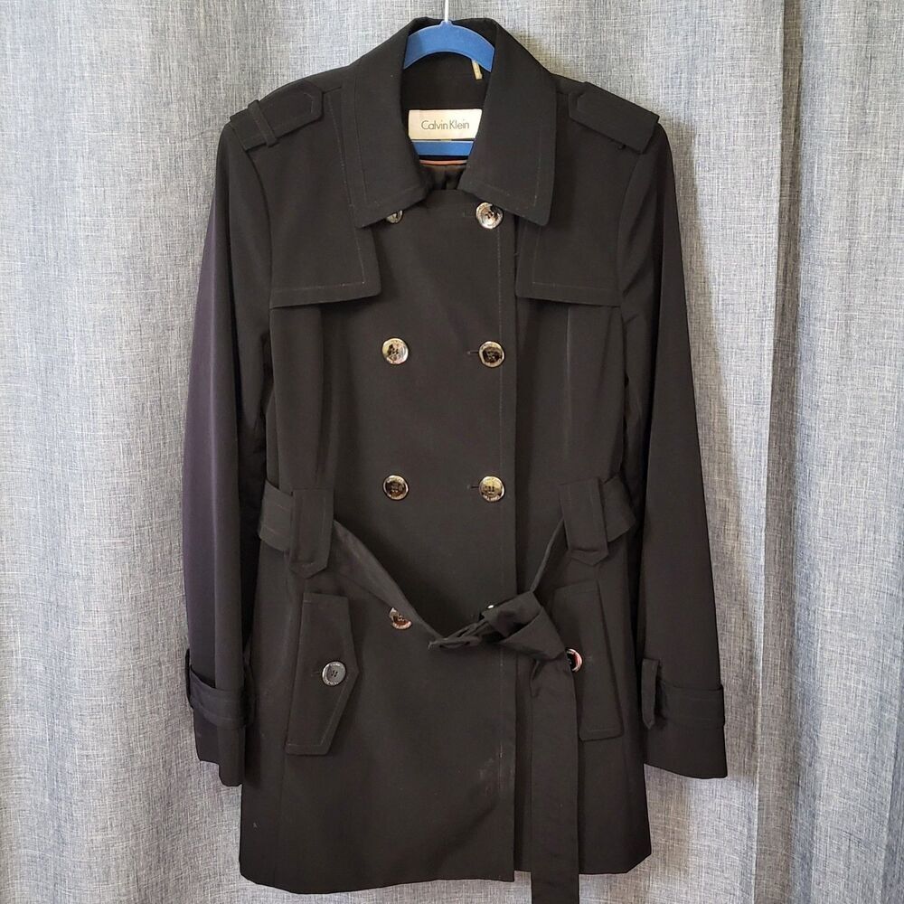 Calvin Klein Trench Coat Mid-Length Water Resistant Black Women's S